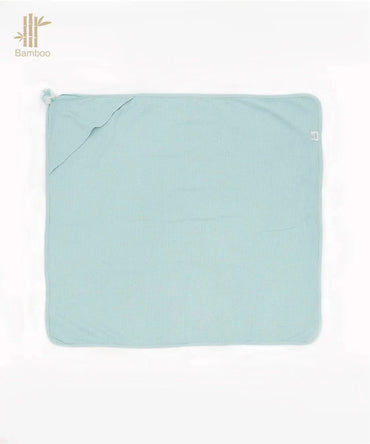 Light blue hooded baby towel on a white background, featuring the Bamboo logo.