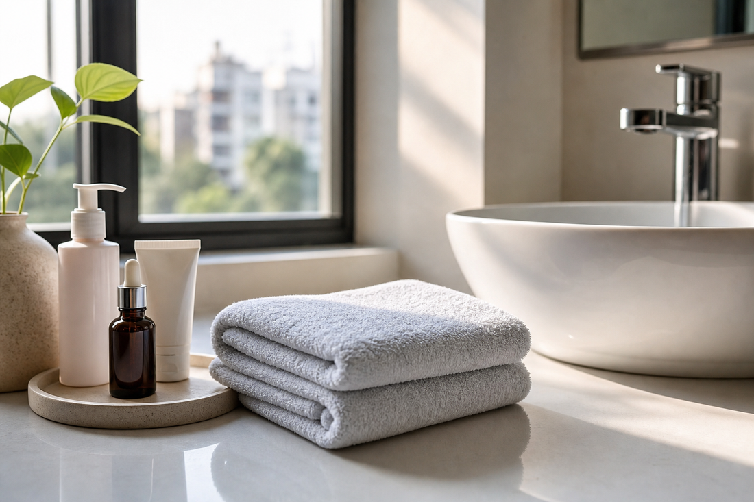 Folded white face towel beside skincare products in a clean bathroom setting