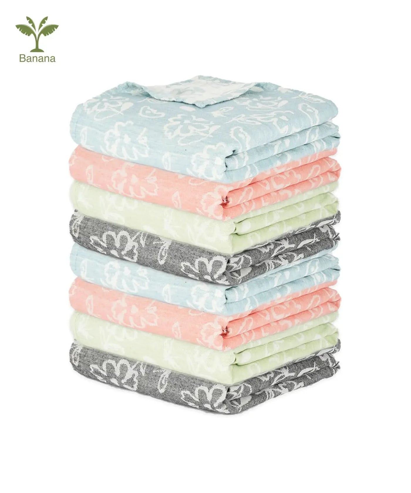 Stack of folded Banana Jacquard Floral Bath towels 8 pieces with various patterns and colors on a white background.