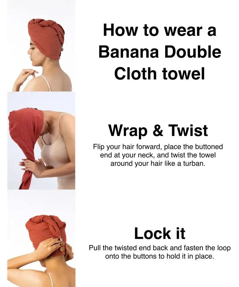 Instructions on how to wear a banana double cloth towel with step-by-step images and text.
